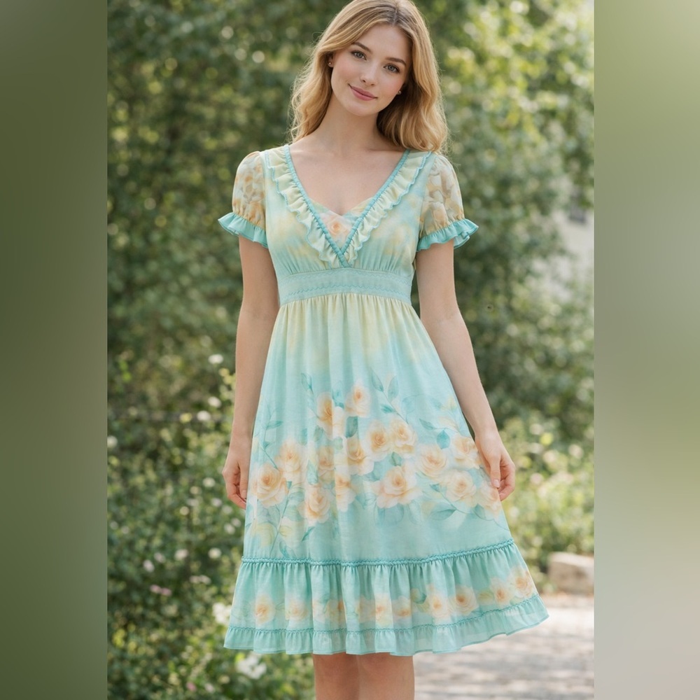 Vintage Annalise Mulberry Silk Dress ruffle bead puff sleeve fitted waist sz M
